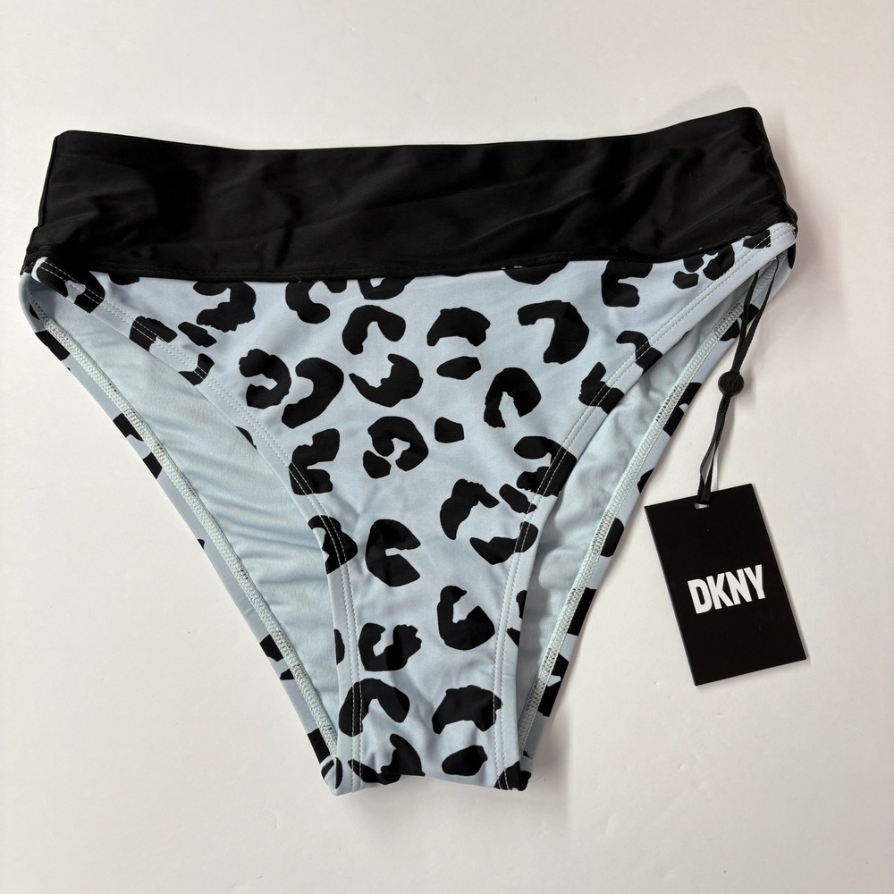 NWT DKNY Women Bikini Bottom M Blue Black Leopard Print High Waist Swim Bottoms